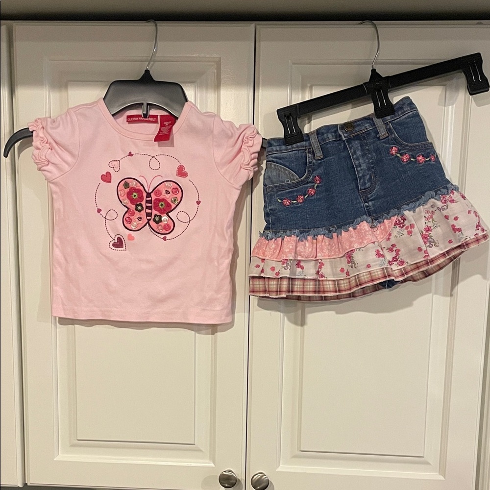 Pink Butterfly Top and Denim Skirt Set